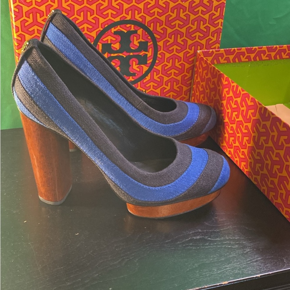 Tory Burch Black and Blue Striped Heels